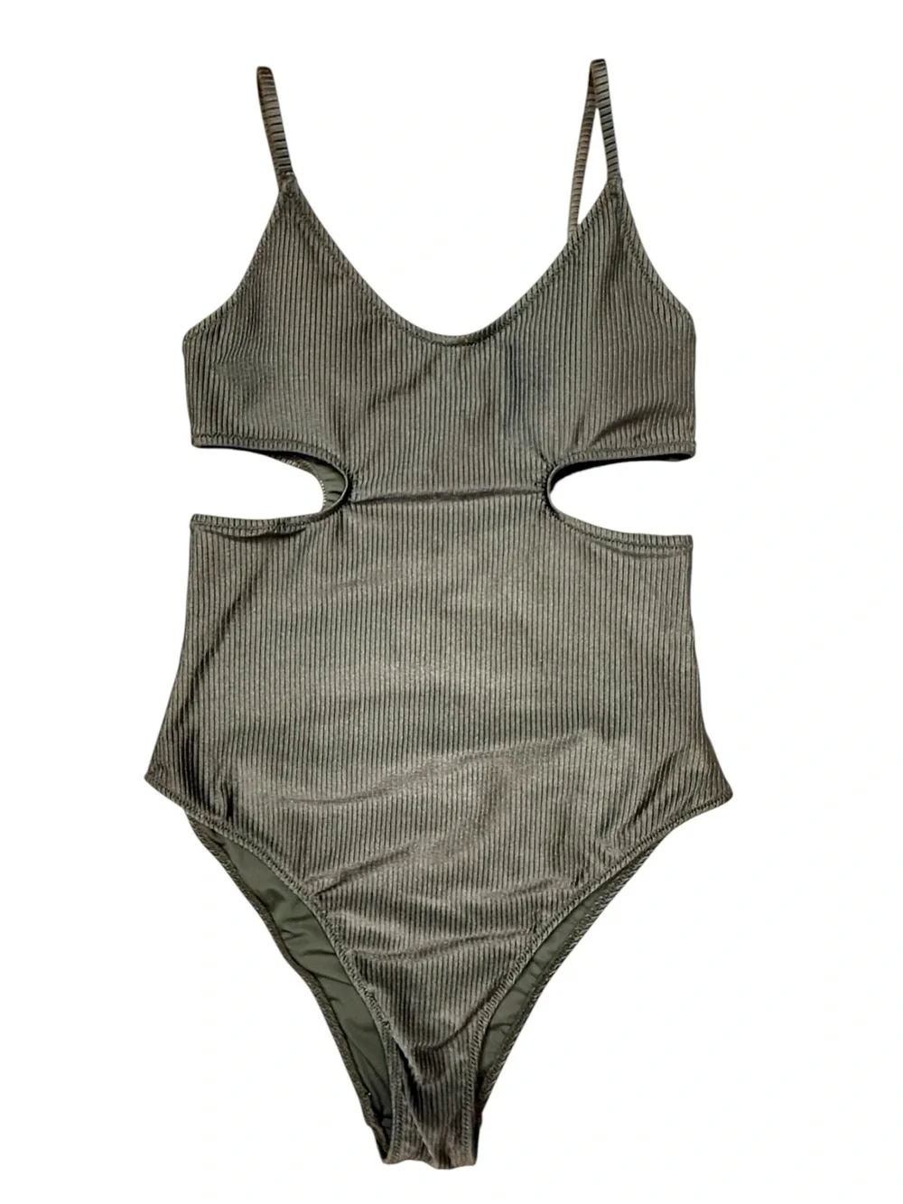 NWT Aerie Shine Rib Voop Cheeky CutOut One Piece Swimsuit Green Sycamore S(long)